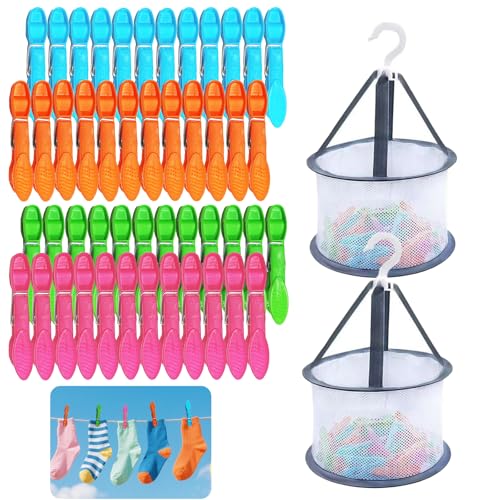48 Stück Mehrfarbig Wäscheklammern with 2 Stück wäscheklammern Korb, Wäscheklammern Ohne Abdruck, Windfeste Bunte klammerbeutel für Wäscheleine, Kleidung und Socken
