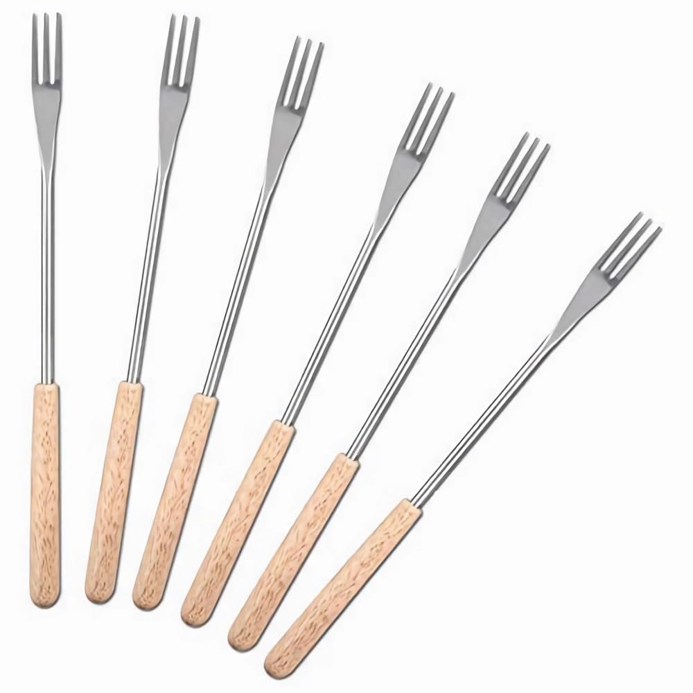 6 Pack Poignée En Bois BBQ Fourchette 26.5cm Rôtissage Bâton Brochette pour Camping Pique-Nique Guimauve Fourchette En Acier Inoxydable Fromage Chocolat Fruits Fruit Fondue Fourchettes