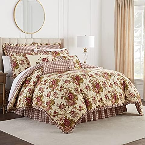 Waverly Norfolk Modern Farmhouse Floral 4-Piece Reversible Comforter Set, Full/Queen, Tea Stain Cover