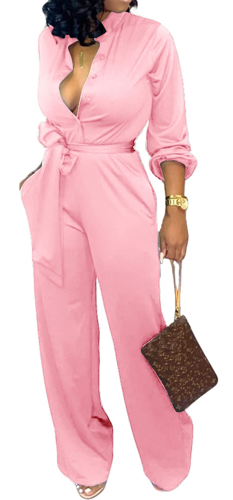 Women's Sexy Jumpsuits Elegant Long Sleeve Straight Long Pants Clubwear Rompers with Pockets
