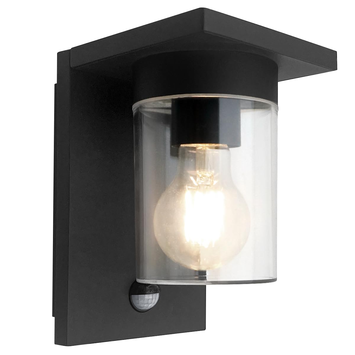 Garden PIR Outdoor Rectangular Wall Light Lantern Black Clear Cylindrical Lamp Shade 4w LED Warm White (ZLC384SEN PIR)