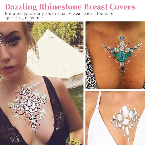 8 Pairs Rhinestone Breast Covers, Resin Rhinestone Pasties, Glitter Crystal Tattoo Jewels, Adhesive Breast Gem, Temporary Chest Sticker, Body Jewelry Sticker, Decoration Pasties for Parties3