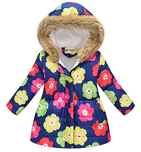 HMBEIXYP Girls Coat Winter Outwear Hooded Puffer Jacket KidS Parka Fleece Snow With Pocket yellow&flower 120CM