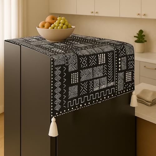 Image of WWW.THROWPILLOW.IN Fridge Top Cover with Tassels for Double Door >400L | Large Size Dustproof Refrigerator Cover | Corner Tassels with Pockets | Mud Cloth Print | Fridge Cover Top Mat