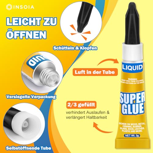 Sekundenkleber Flüssig (12er-Pack x 3g) – extra stark & wasserfest Superkleber für schnelle, flexible Sofortreparaturen, transparent kontakt Kleber für Kunststoff, Holz, Porzellan, Glas uvm.