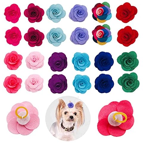 JpGdn 24 Pcs Dog Hair Bows Flowers with Rubber Bands Handmade Topknot Hair for Small Medium Puppy Doggies Kitten Cats Grooming Accessories Cover