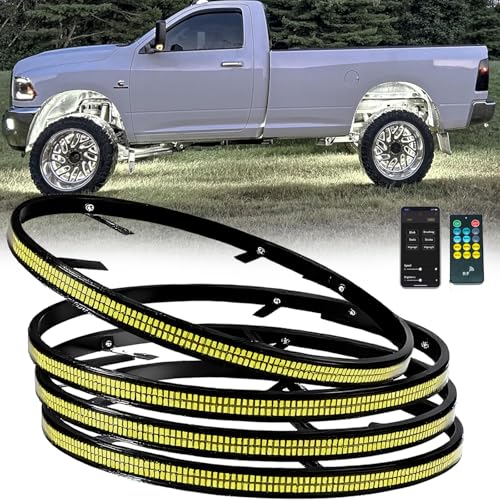 Image of Ultra-Bright 4PCS 17 inch Double Row Pure White Wheel Lights for Truck Car,APP & RF Remote Control Wheel Weel Ring Rim Lighting kit with Strobe Blink Modes,Waterproof IP68,12V,2592 LEDs