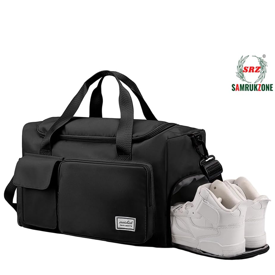 Image of SRZ Samrukzone Nylon Travel Duffle Bag with Wet Pocket & Shoe Compartment, Weekender Overnight Gym Shoulder Bag for Men & Women (44 x 18 x 29 cm (Black)