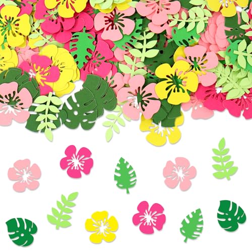 Image of Whaline 300 Pcs Summer Tropical Table Confetti Palm Leaves Hibiscus Floral Confetti Table Centerpieces for Hawaiian Luau Party Decoration