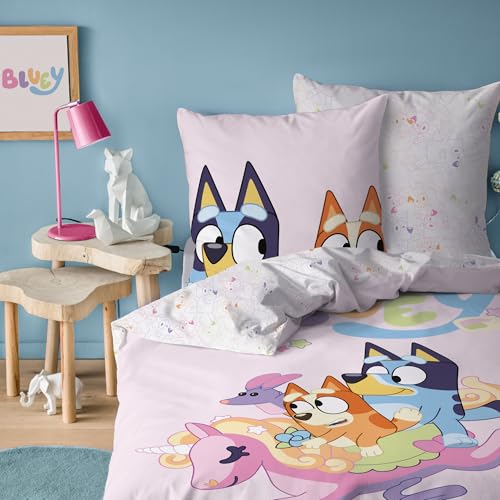 OMYDREAM Bluey Colorful Parure de lit Enfant 1 Place | 100% Coton | Oeko-TEX | Housse de Couette 140x200 cm + Taie d'oreiller 63x63 cm | Imprimé Réversible...