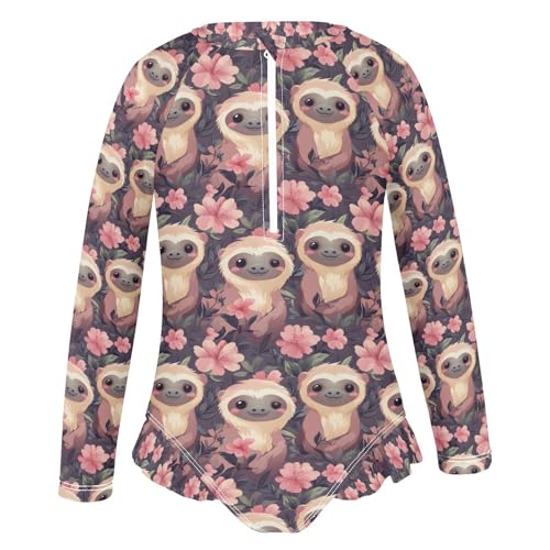 ALAZA Cute Monkey Blossom Flower Girls One Piece Swimsuit Long Sleeve Rash Guard Swimsuits UV 50+ Swimwear Zipper2