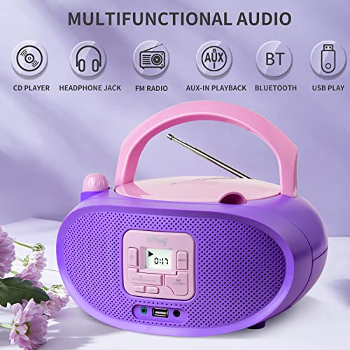 Hplay Gummy Gc04B Portable Cd Player Boombox With Digital Tunning Fm Stereo Radio Kids Cd Player Bluetooth Usb Lcd Display, Front Aux-In Port & Headphone Jack, Supported Ac Or Battery Powered- Violet #TOP2