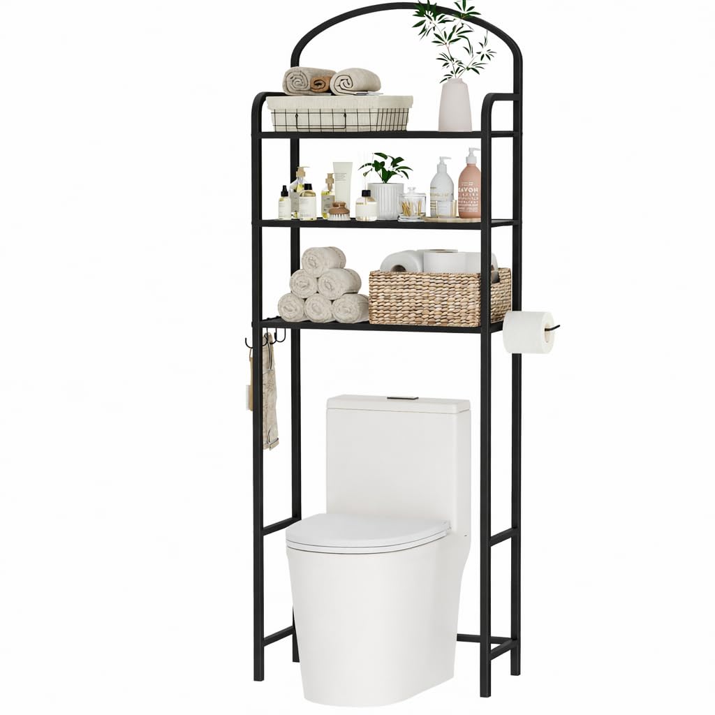 Cerlyunzan 3-Tier Over The Toilet Storage, Bathroom Organizer, Space-Saving, Above Toilet Storage Rack with 4 Hooks and Paper Holder, Metal Shelf, Black