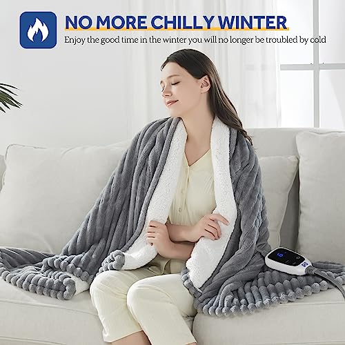 Sealy Heated Blanket Electric Throw, Ribbed Flannel to Sherpa,50"x60" Heating Blanket Throw, 6 Heat Levels & 2-10 Hours Auto-Off Over-Heat Protection, Machine Washable, Light Grey - Image 3