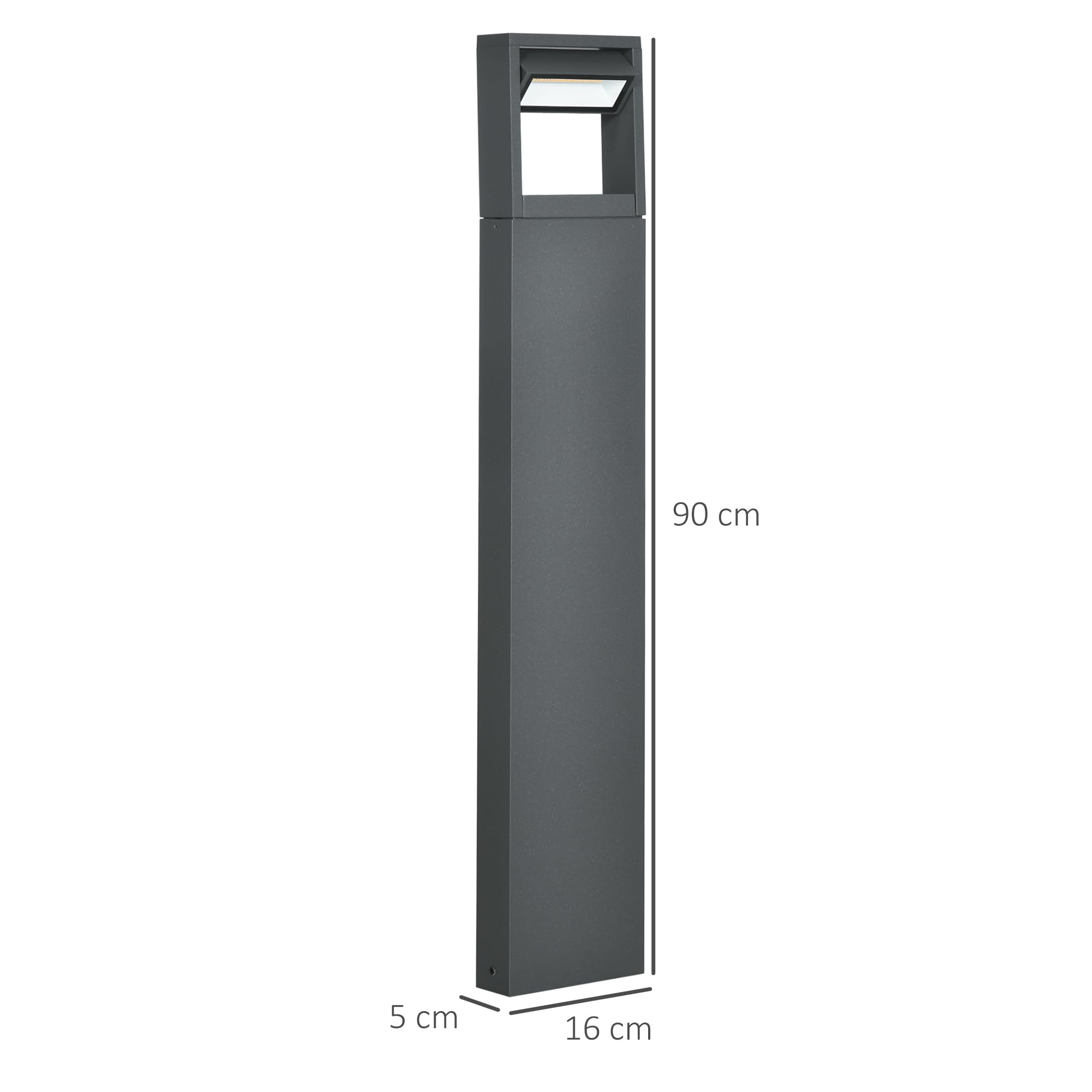 Outsunny Gartenlampe Pollerleuchte 90 cm hoch, LED Gartenleuchte, Wegleuchte mit Warmweißem Licht, Verstellbarem Neigungswinkel, für Außen, IP65 Wasserdicht, Alu, 16 x 5 x 90 cm, Dunkelgrau