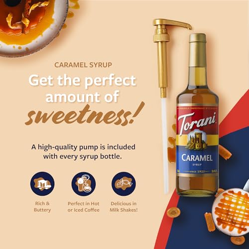 Image of Torani Caramel Coffee Syrup for Drinks & Desserts, Glass Bottle with Pump Included, 25.4 Fl Oz