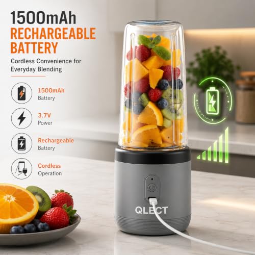 Image of QLECT Portable Blender for Smoothies & Juices | 400ml Personal Juicer Mixer Grinder | 1500mAh USB Rechargeable Battery | 2 Jars | Stainless Steel Blades | ISI Certified | Made in India