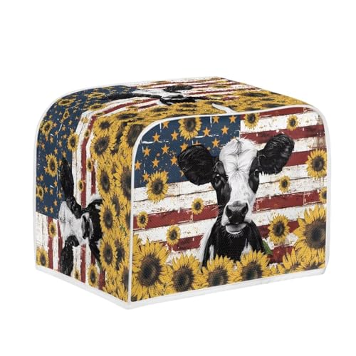 Image of Talayituse Cow Sunflower American Flag Print 2 Slice Toaster Covers Dust Protection Bread Maker Covers Toaster Oven Cloth Cover Kitchen Accessories Washable Appliance Cover, S