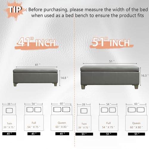 Image of 51 Inch Storage Ottoman, Storage Bench with Safety Hinge, Upholstered Synthetic Leather Ottoman Bench for Bedroom, Living Room, Entryway, Hallway, Foot Rest, Support 500lbs