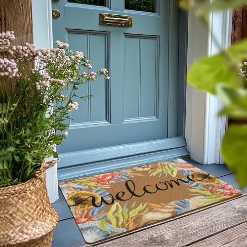 XLDLIOO Beach Coastal Welcome Door Mat, Summer Doormat, Ocean Welcome Front Door Mat Indoor Outdoor Entrance, Beachy Seashell Artificial Coir Doormats Rugs for Patio Entry Home Decor, 30x17in - Image 2