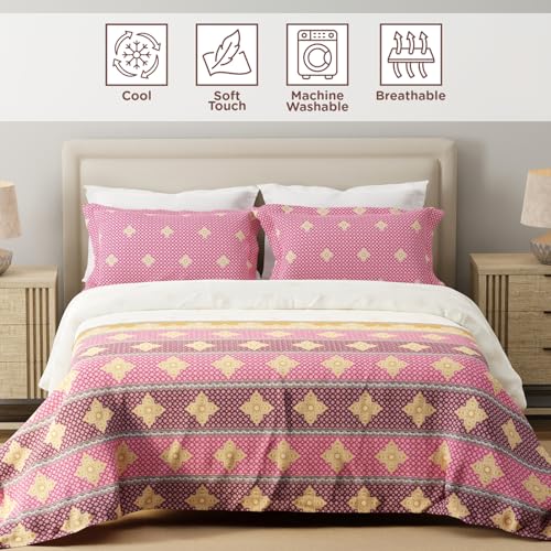 Image of Layers 100% Cotton for King Size Bed | 120 TC Printed, Soft, Breathable, Machine Washable Bedsheet with 2 Pillow Covers | Forever Collection (274 x 274 cm) - Pink & White