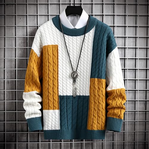 Mens Color Block Sweater Cable Knit Pullover Sweater Textured Sweater Casual Long Sleeve Sweaters Plus Size Pullover4