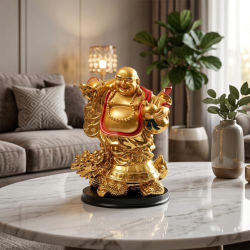 Image of Feng Shui Gold Laughing Buddha Statue on Dragon Turtle for Wealth & Prosperity - 22cm Large Hotei Buddha Figurine with Wu Lou & Money Coins - Home Decor, Office Vastu, Good Luck Gifting