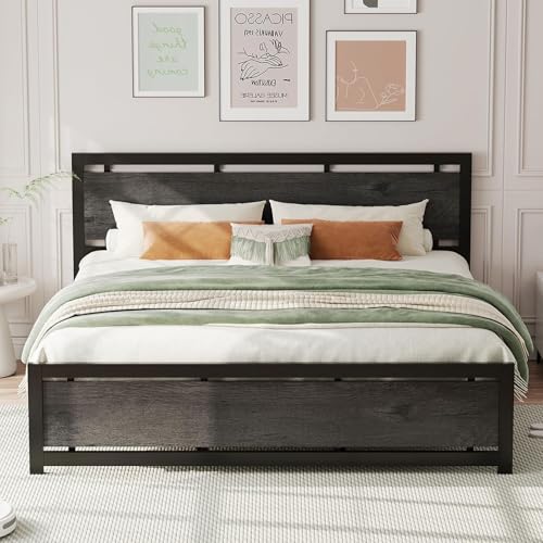 Image of LIKIMIO King Bed Frame with Headboard and Footboard, Metal Strong Supports, Easy Assembly, Noise-Free, No Box Spring Needed, Charcoal Grey