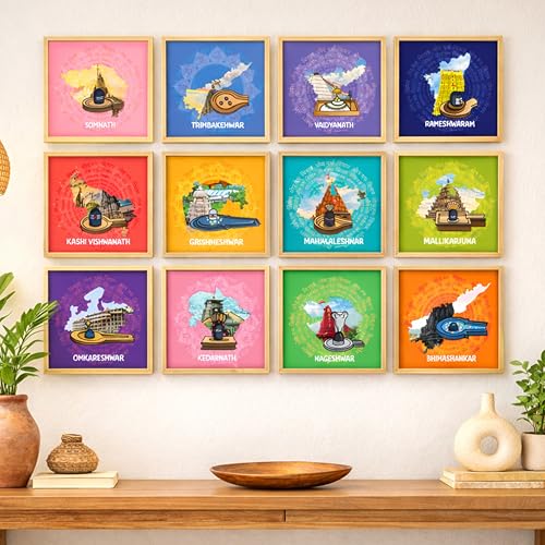 Image of 12 Jyotirlinga Wall Art Painting For Living Room | Lord Shiva Sacred Temples Framed Wall Art Paintings | Spiritual Home Decor Frames for Pooja Room, Office | Religious Gift Set (Set of 12), 9x9 Inch