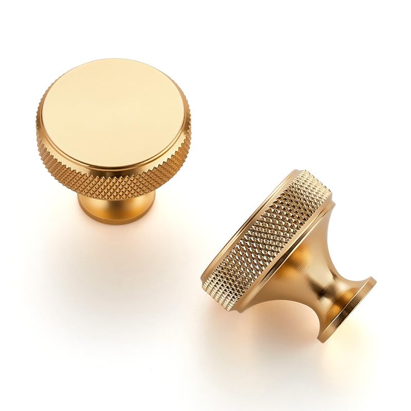 Image of Ravinte 30 Pack Round Gold Knobs Knurled Single Hole Pulls Solid Brushed Brass Kitchen Cabinet Hardware Handles for Drawers