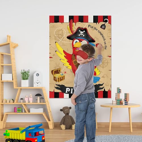 Image of WERNNSAI Pin the Eyepatch on the Pirate - Pirate Birthday Party Supplies for Kids Boys Halloween Treasure Hunt Party Game 28 inch x 21 inch Parrot Poster with 24 Stickers and Blindfold