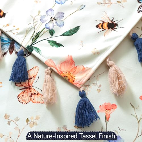 Image of HOKIPO Sofa Cover with Tassel for 1 Seater Sofa | Full Protection for Seat and Back | Printed Holland Velvet Fabric | 'Whispers of Nature' (160x60 cm), Pastel Butterfly Meadow (IN-1125-D2)