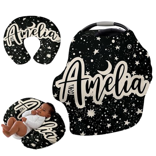 Image of Custom Name Car Seat Canopy - Baby Car Seat Covers, Infant Stroller Cover, Black Pattern Carseat Canopy Christmas Birthday Gifts for Girls and Boys