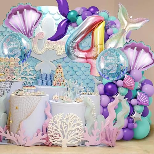 Image of Mermaid Birthday Decorations Mermaid Balloons - Number 4 Balloons for Girls Under The Sea Mermaid Theme Baby Shower Birthday Favors