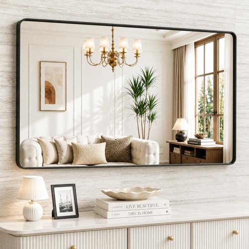 JISOSO Black Bathroom Mirror 60X40 Inch Black Metal Framed Mirror for Wall Rounded Rectangle Matte Bathroom Vanity Mirror with Tempered Glass Anti-Rust Horizontal/Vertical