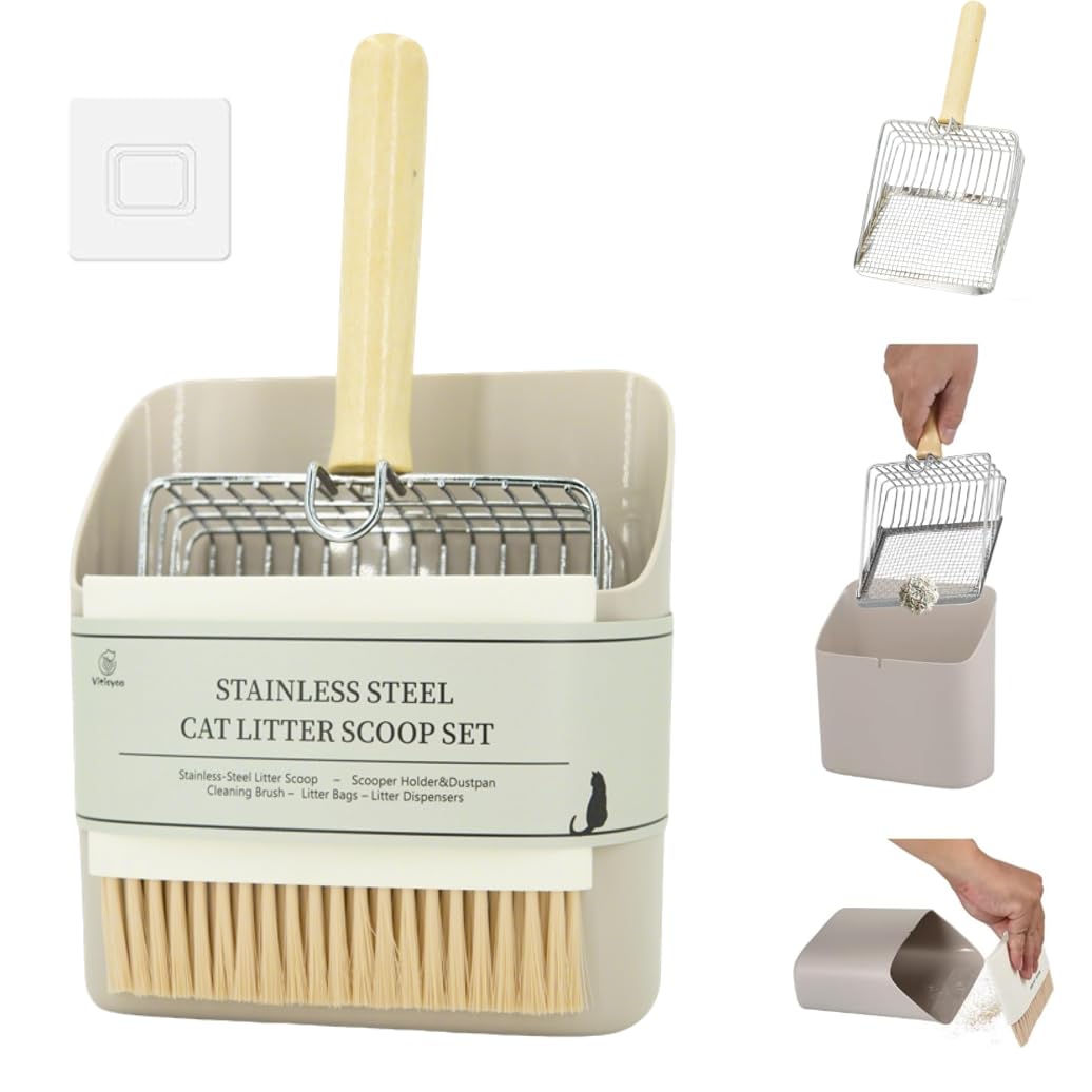 Vitisyao Cat Litter Scoop with Holder, Big Cat Litter Scoop with Built-in 2 Types of Gap, Metal Cat Litter Scooper with Holder - Portable Dustpan and Small Cleaning Brush