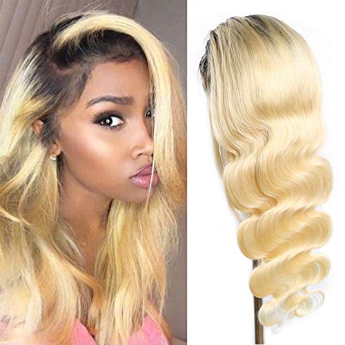 Ombre Human Hair Wig 1B/613 Lace Front Wig Human Hair Pre Plucked Bleached Knots Body Wave Wig With Closure 4X4 Free Part With Baby Hair 8A Grade High Density Blonde Ombre Wig 14 Inch