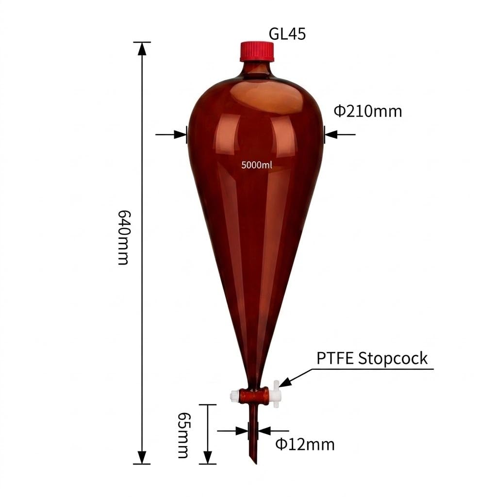 Braunglas Scheidetrichter Borosilikatglas mit PTFE Hahn Laborkolben-5000ml GL45