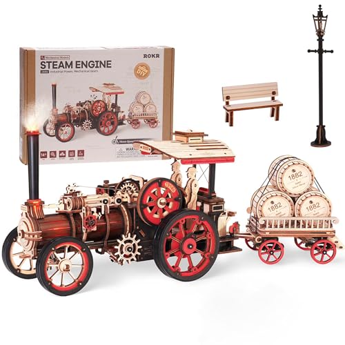 ROKR Puzzle 3D Madera Auto Maquetas para Construir Adultos, Kits de Modelos de Locomotoras de Vapor, Puzzle de madera para coche, 469 piezas, Steam Locomotive, LKA01