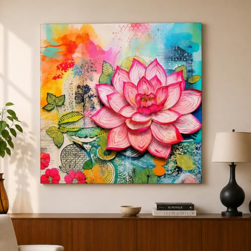 Image of PAINTINGMANTRA Abstract Lotus Floral Stretched Canvas Painting for Living Room | Modern Lotus Artwork Wall Decor Art For Livingroom, Bedroom, Office, Hallways - 34x34 Inch