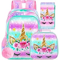CCJPX 3PCS Unicorn Backpack for Girls, 16\u201DKids Bookbag with Lunch Box, Cute Water Resistant Elementary School Bag for Kindergarten Preschool Toddler