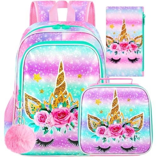 CCJPX 3PCS Unicorn Backpack for Girls, 16”Kids Bookbag with Lunch Box, Cute Water Resistant Elementary School Bag for Kindergarten Preschool Toddler
