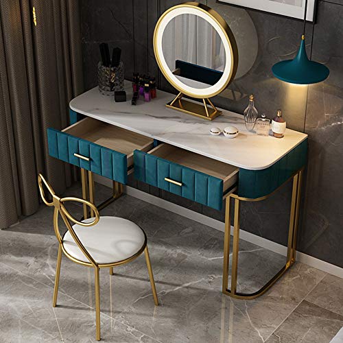Tocador de Maquillaje Moderno con 2 cajones, Luces LED, Espejo para dormitorios, Escritorio de computadora de Oficina en casa, Tablero de mármol Blanco/Patas de Metal Dorado Cover