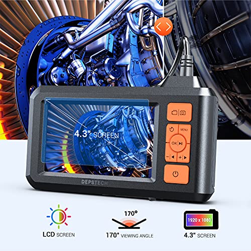 Image of DEPSTECH Dual Lens Industrial Endoscope, 1080P Digital Borescope Inspection Camera, 7.9mm IP67 Waterproof, Sewer Camera with 4.3 inch LCD Screen, 7 LED Lights, 16.5FT Semi-Rigid Cable, 32GB Card - Orange