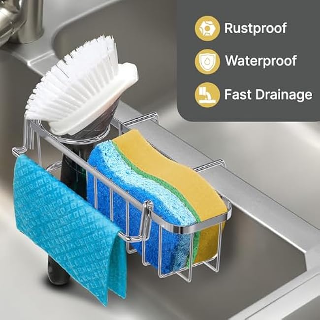 KESOL 3-in-1 Sponge Holder for Kitchen Sink, Hanging Caddy for Double Bowl Sinks, Stainless Steel Sponge with Dishcloth Holder, Brush & Soap Rack, Kitchen Sink Accessories, Silver