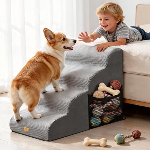Thihome Hundetreppe 4 Stufen, rutschfeste Haustiertreppe 50cm Hoch, Hochdichter Schaum Hunderampe mit Waschbarem Bezug und Rutschfestem Boden, Hunde Treppe für Sofa & Bett, Grau