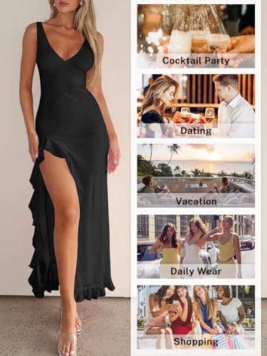 Women Sexy V Neck Sleeveless Mesh Ruffle Hem Bodycon Maxi Casual Backless High Slit Cocktail Party Dress4