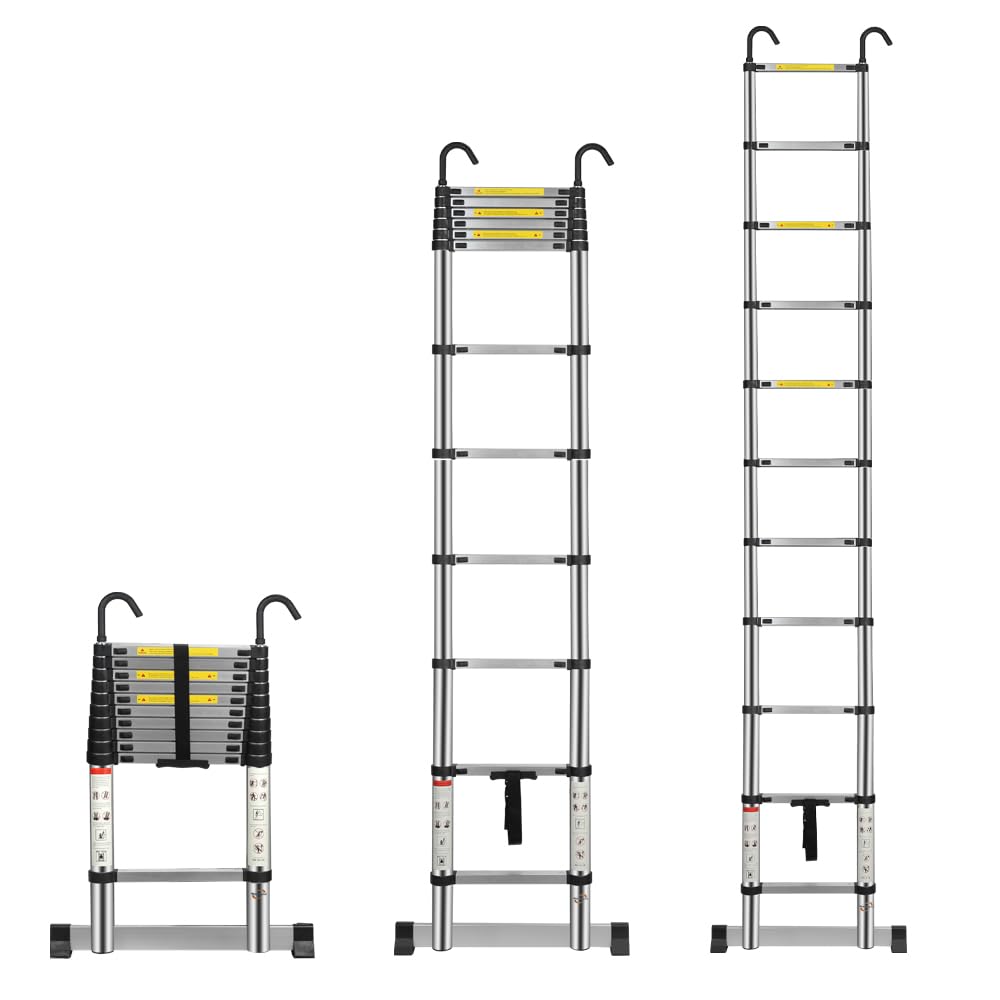 Multibao Telescopic Ladder 3.2M 10.5FT Aluminium Extension Loft Ladder with Stabilizer Bar and Detachable Hooks, Multi Purpose Extendable Portable Folding Ladders, EN131 (3.2M/10.5FT)
