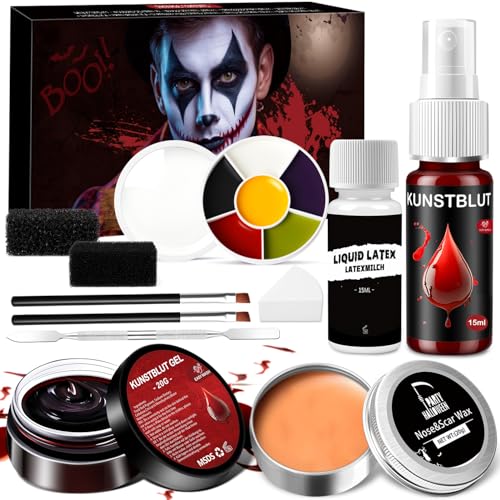 Kit Maquillaje Halloween Niños Adulto Pintura Profesional - Face Body Paint Facial Makeup Con Spray Gel Sangre Falsa Lavable, Paleta de Maquillaje 6 Colores, Latex Liquido, Cara para Cicatrices