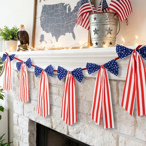 Image of 4th of July Decorations - 6.7 FT Patriotic Bow Garland Banner | Memorial Day 250th Anniversary Red White Blue Independence Day Party Decorations for Home Yard Porch Indoor Outdoor
